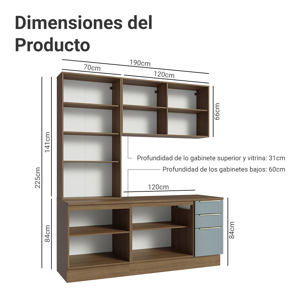 Cocina Compacta 190 cm con Cristalero 8 Puertas 3 Cajones Marrón/Gris Lux Madesa