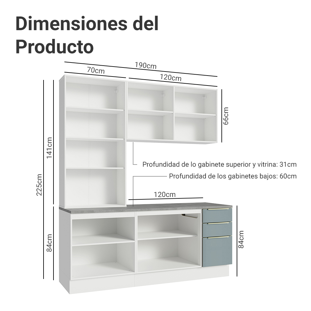 Cocina Compacta 190 cm con Cristalero 8 Puertas 3 Cajones Blanco/Gris Lux Madesa
