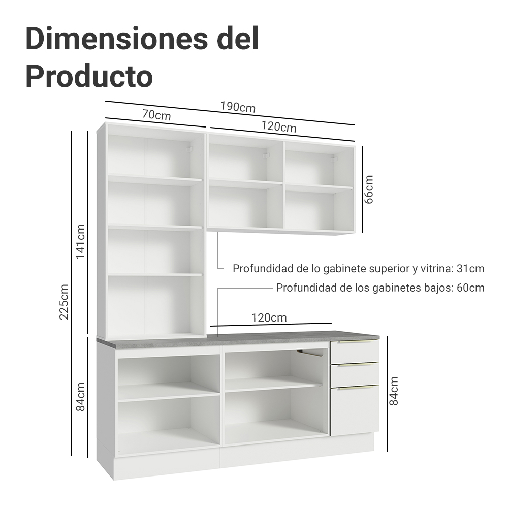Cocina Compacta 190 cm con Cristalero 8 Puertas 3 Cajones Blanco Lux Madesa
