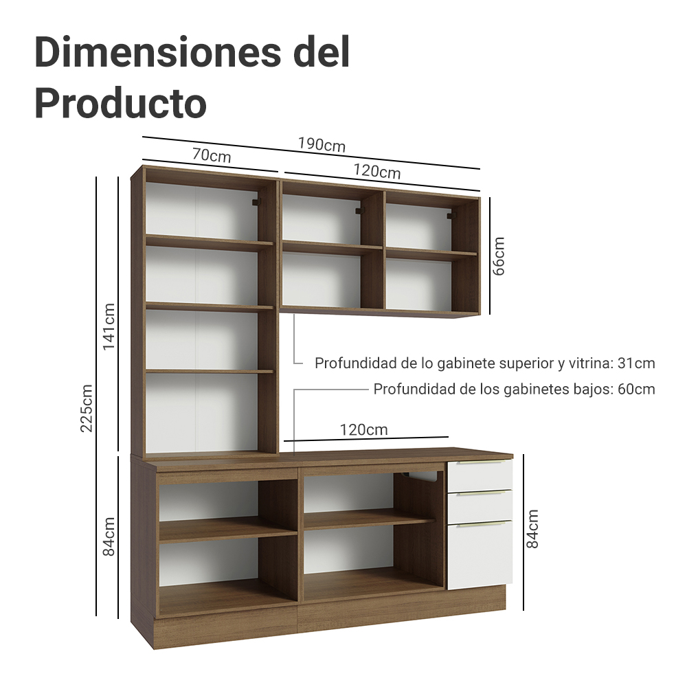Cocina Compacta 190 cm con Cristalero 8 Puertas 3 Cajones Marrón/Blanco Lux Madesa