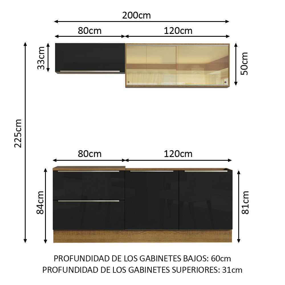Combo de Cocina Compacta 200cm Marrón/Negro Lux Madesa 01