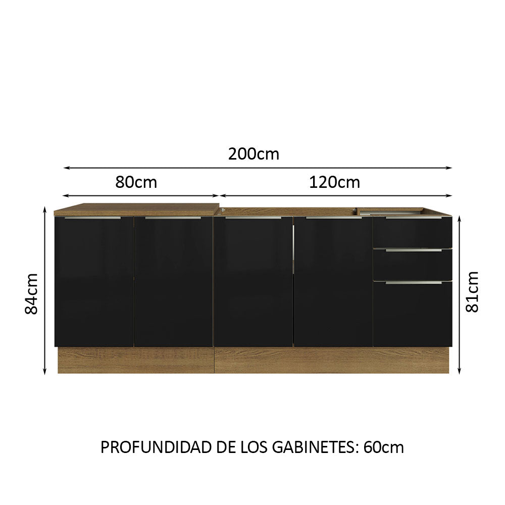 Kit 2 Bajo Mesada Lux 200 cm 4 Puertas 3 Cajones (Sin Mesada) Marrón/Negro Madesa