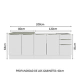 Combo con 2 Bajos Mesadas de Cocina 4 Puetas 3 Cajones 200 x 60 cm (Sin Mesada y Bacha) Blanco/Blanco Aterciopelado Lux Madesa