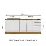Combo con 2 Bajos Mesadas de Cocina 4 Puetas 3 Cajones 200 x 60 cm (Sin Mesada y Bacha) Marrón/Blanco Aterciopelado Lux Madesa