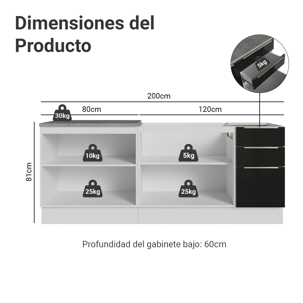 Cocina Compacta 200 x 60 cm Blanco/Negro Lux Madesa 06