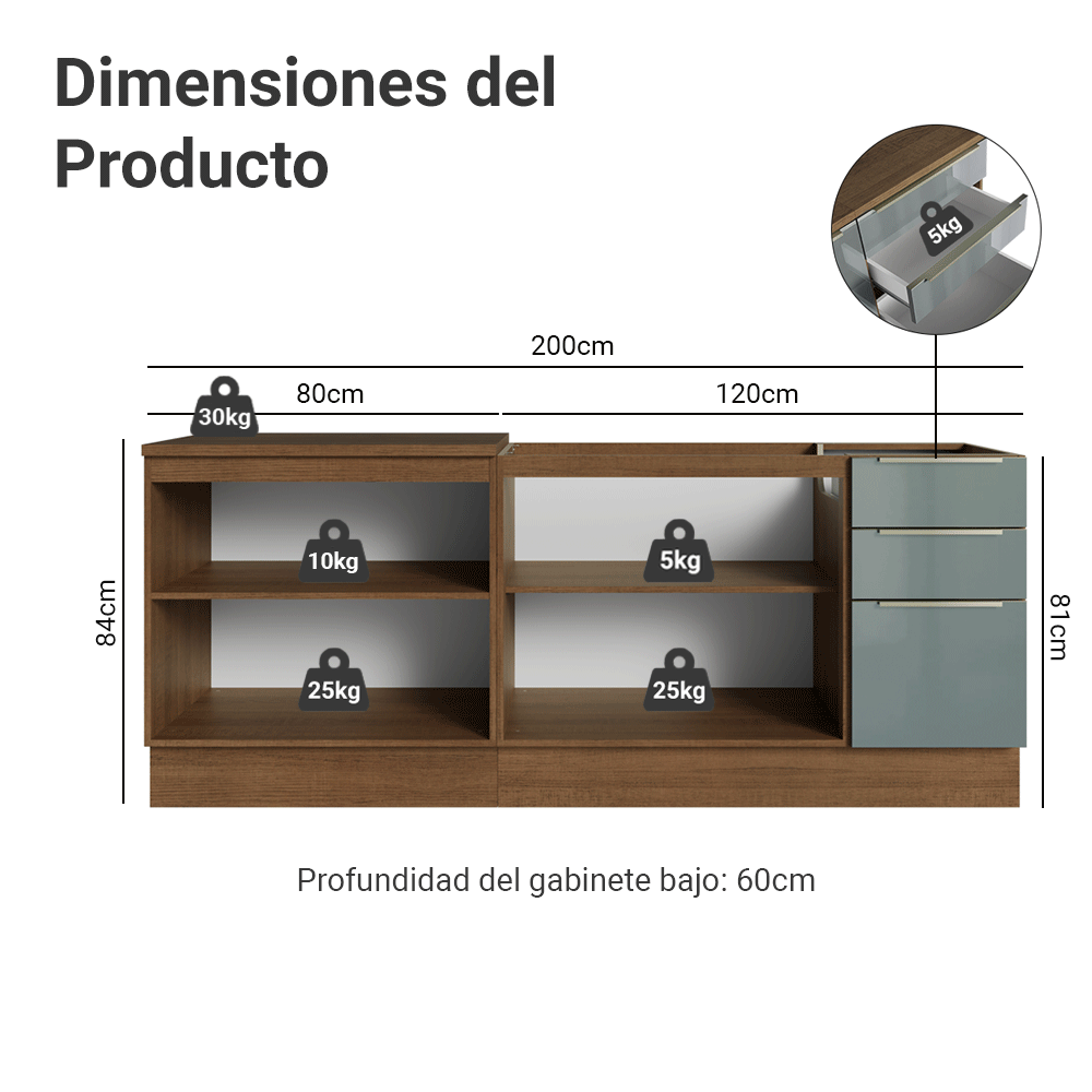 Cocina Compacta Lux 200 cm 4 Puertas 3 Cajones (Sin Mesada) Marrón/Gris 06 Madesa