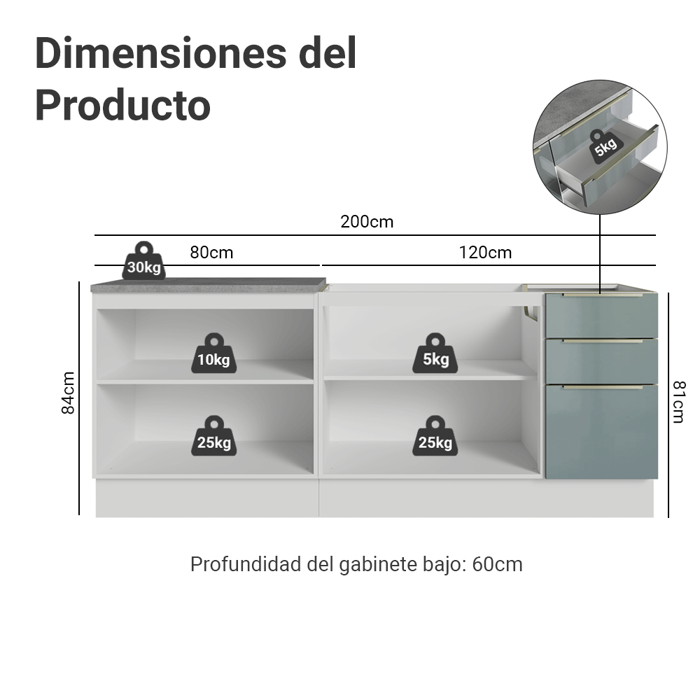 Cocina Compacta Lux 200 cm 4 Puertas 3 Cajones (Sin Mesada) Blanco/Gris 06 Madesa
