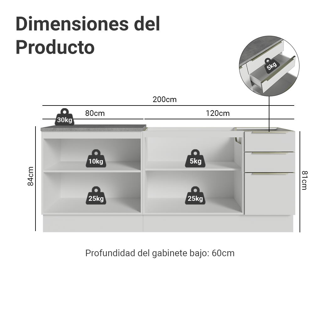 Cocina Compacta Lux 200 cm 4 Puertas 3 Cajones (Sin Mesada) Blanco/Blanco Aterciopelado Madesa
