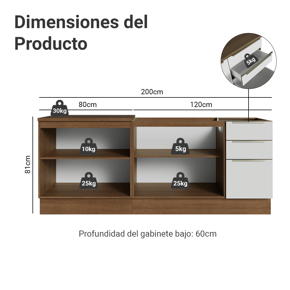 Cocina Compacta 200 x 60 cm Marrón/Blanco Aterciopelado Lux Madesa 06