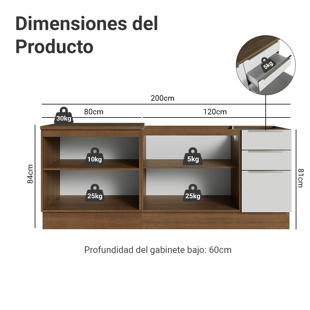 Cocina Compacta Lux 200 cm 4 Puertas 3 Cajones (Sin Mesada) Marrón/Blanco Aterciopelado Madesa