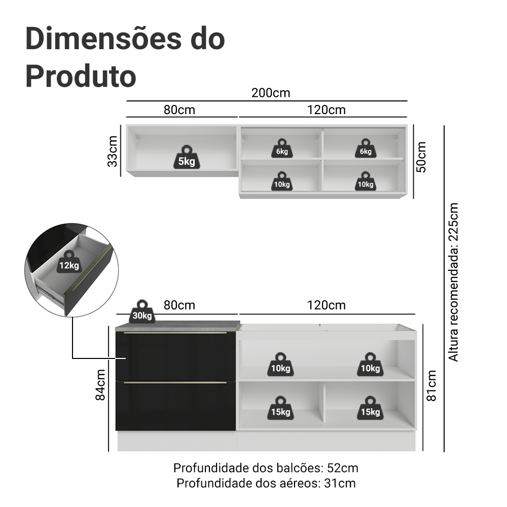 Cocina Compacta 200 cm Blanco/Negro Lux Madesa 07