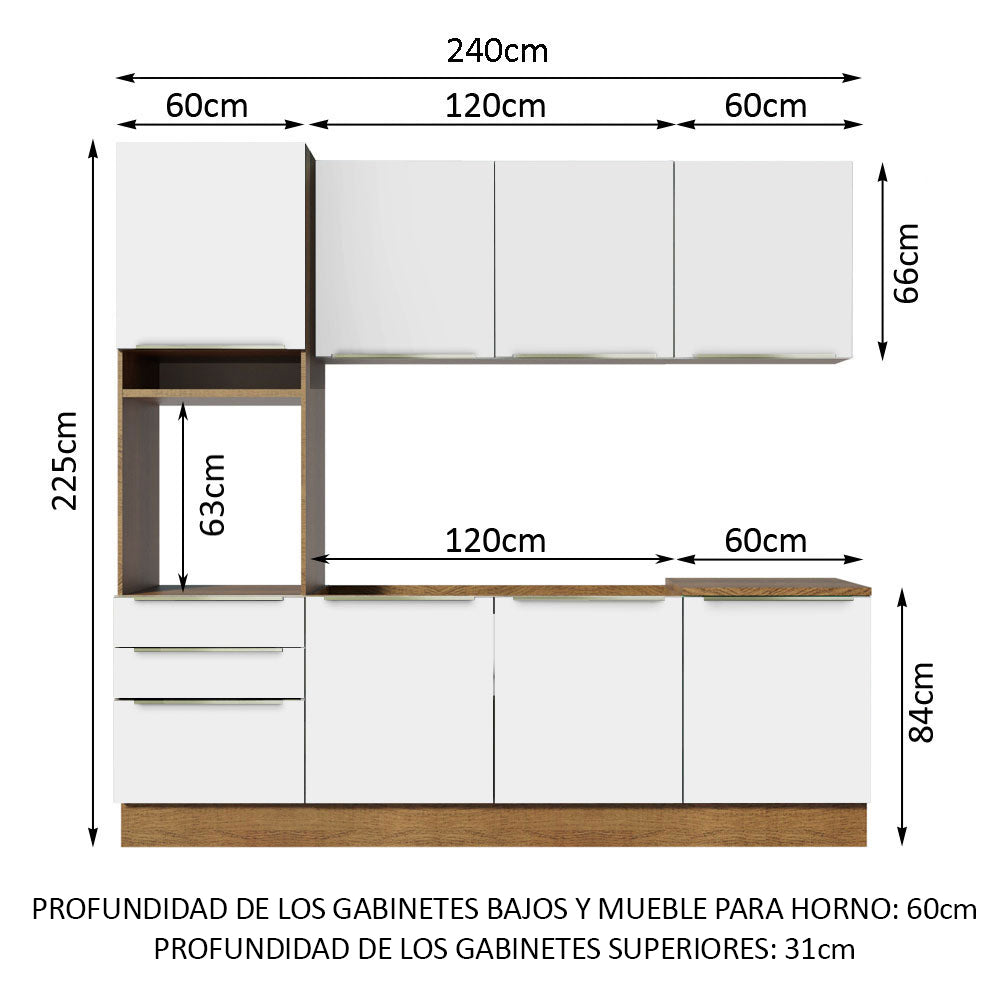Combo Completo de Cocina 240 x 60 cm Marrón/Blanco Aterciopelado Lux Madesa 03