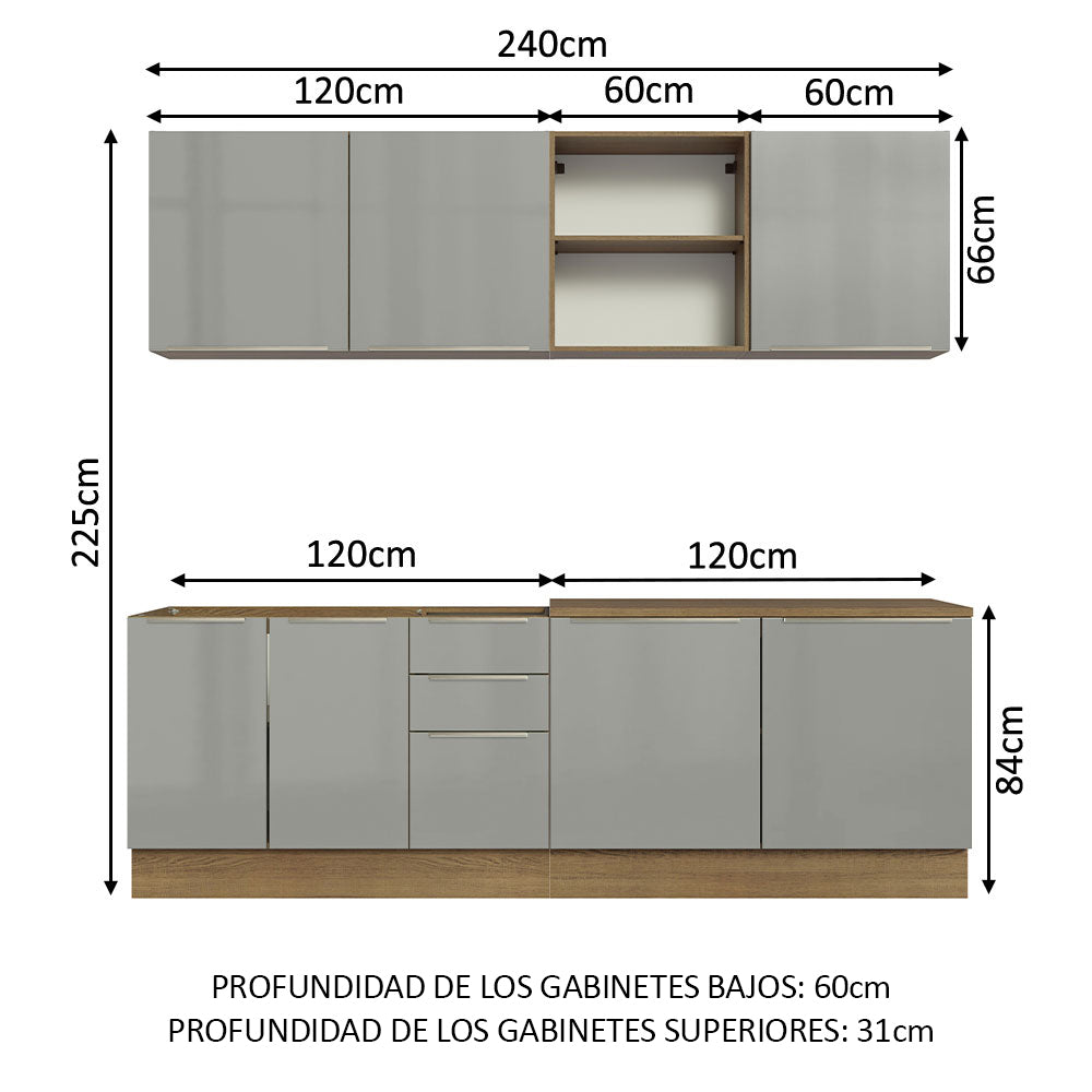 Combo completo de Cocina 240 cm 7 Puertas 3 Cajones Sin Mesada Marrón/Gris Lux Madesa