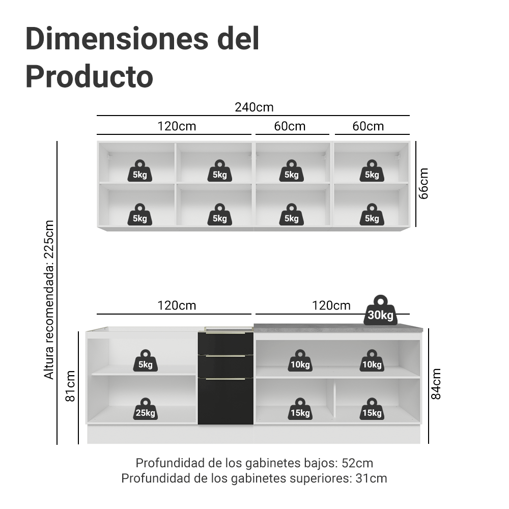Combo completo de Cocina 240 cm Blanco/Negro Lux Madesa 09