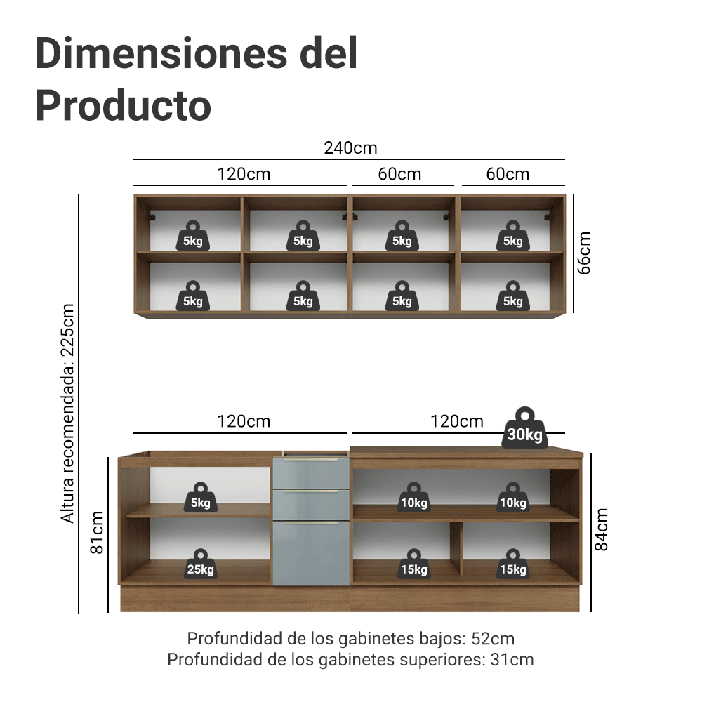 Combo completo de Cocina 240 cm Marrón/Gris Lux Madesa 09