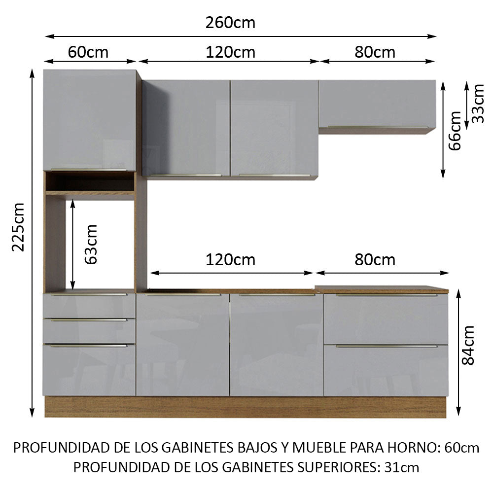 Combo completo de Cocina 260cm Marrón/Gris Lux Madesa 01