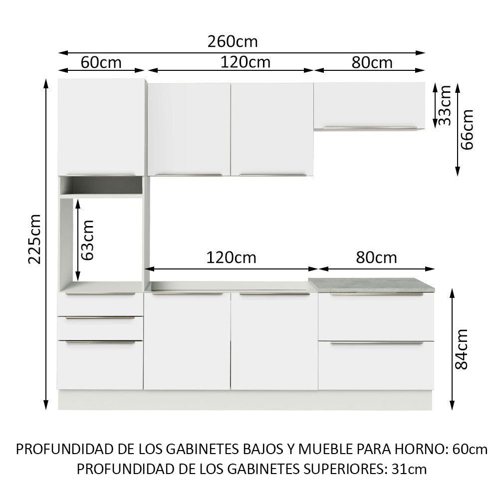 Combo Completo de Cocina 260 x 60 cm Blanco/Blanco Aterciopelado Lux Madesa 01
