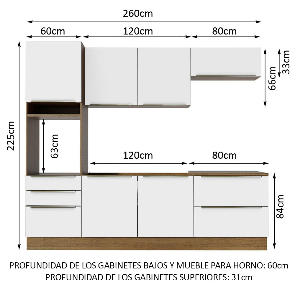 Combo Completo de Cocina 260 x 60 cm Marrón/Blanco Aterciopelado Lux Madesa 01