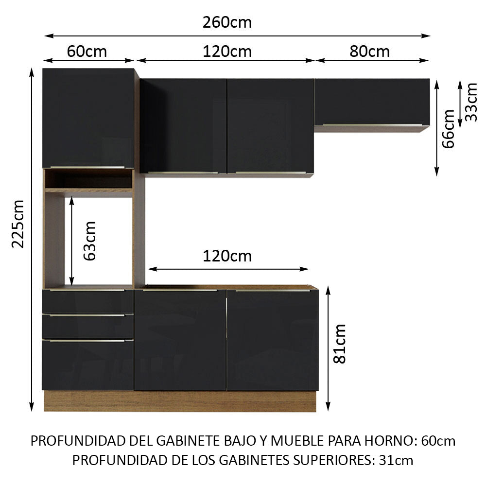 Combo completo de Cocina 260cm Marrón/Negro Lux Madesa 03
