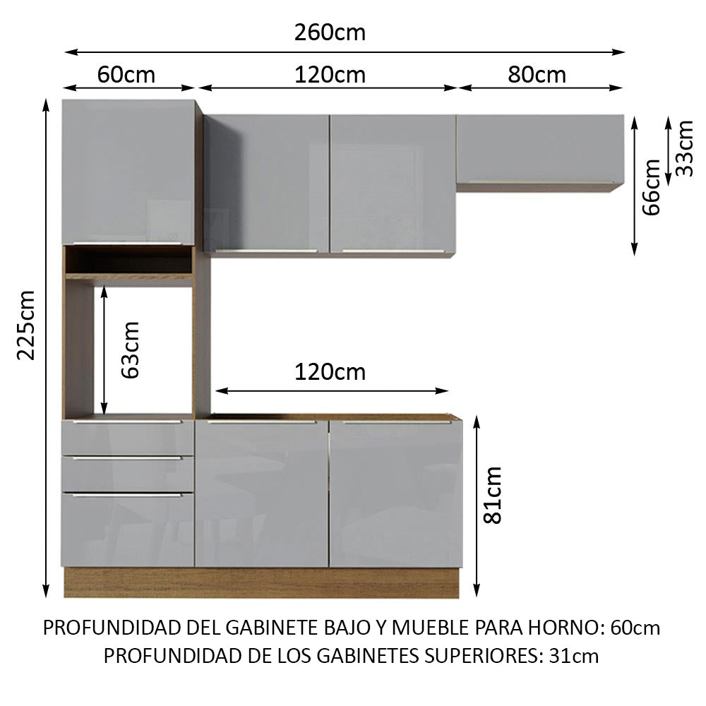 Combo completo de Cocina 260cm Marrón/Gris Lux Madesa 03