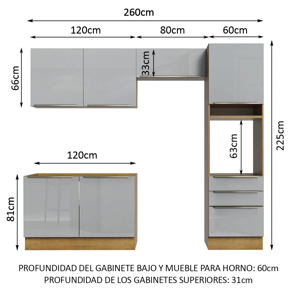 Combo completo de Cocina 260cm Marrón/Gris Lux Madesa 05