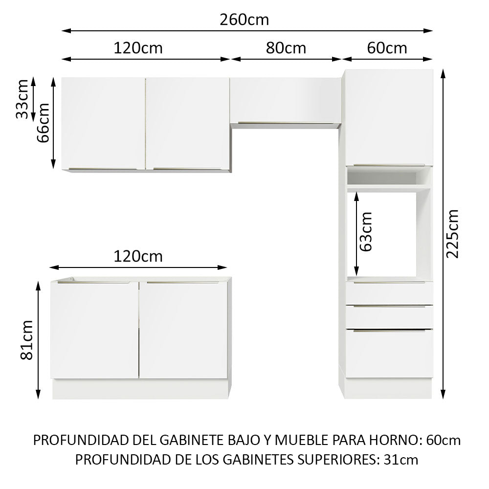 Combo Completo de Cocina 260 x 60 cm Blanco/Blanco Aterciopelado Lux Madesa 05