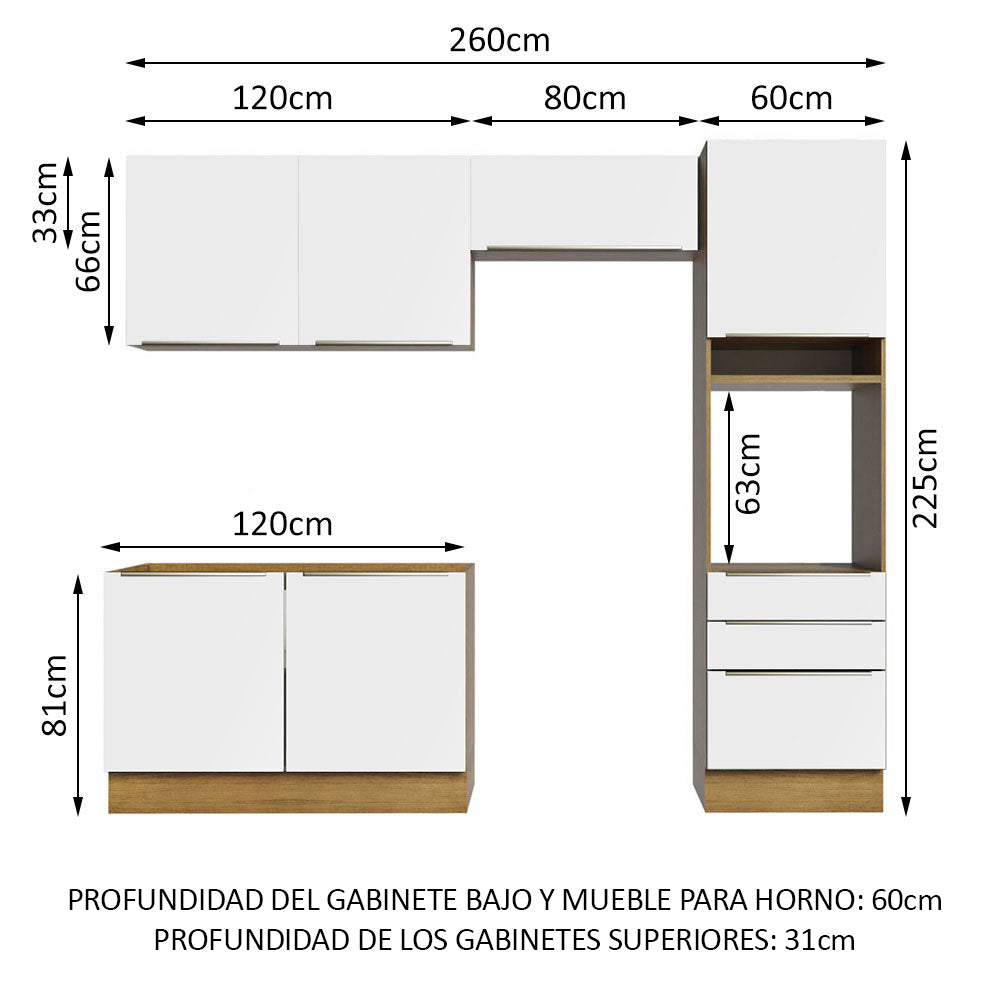Combo Completo de Cocina 260 x 60 cm Marrón/Blanco Aterciopelado Lux Madesa 05