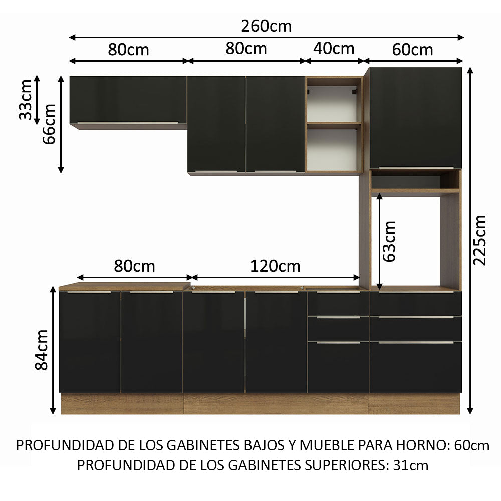 Combo completo de Cocina 260cm Marrón/Negro Lux Madesa 08