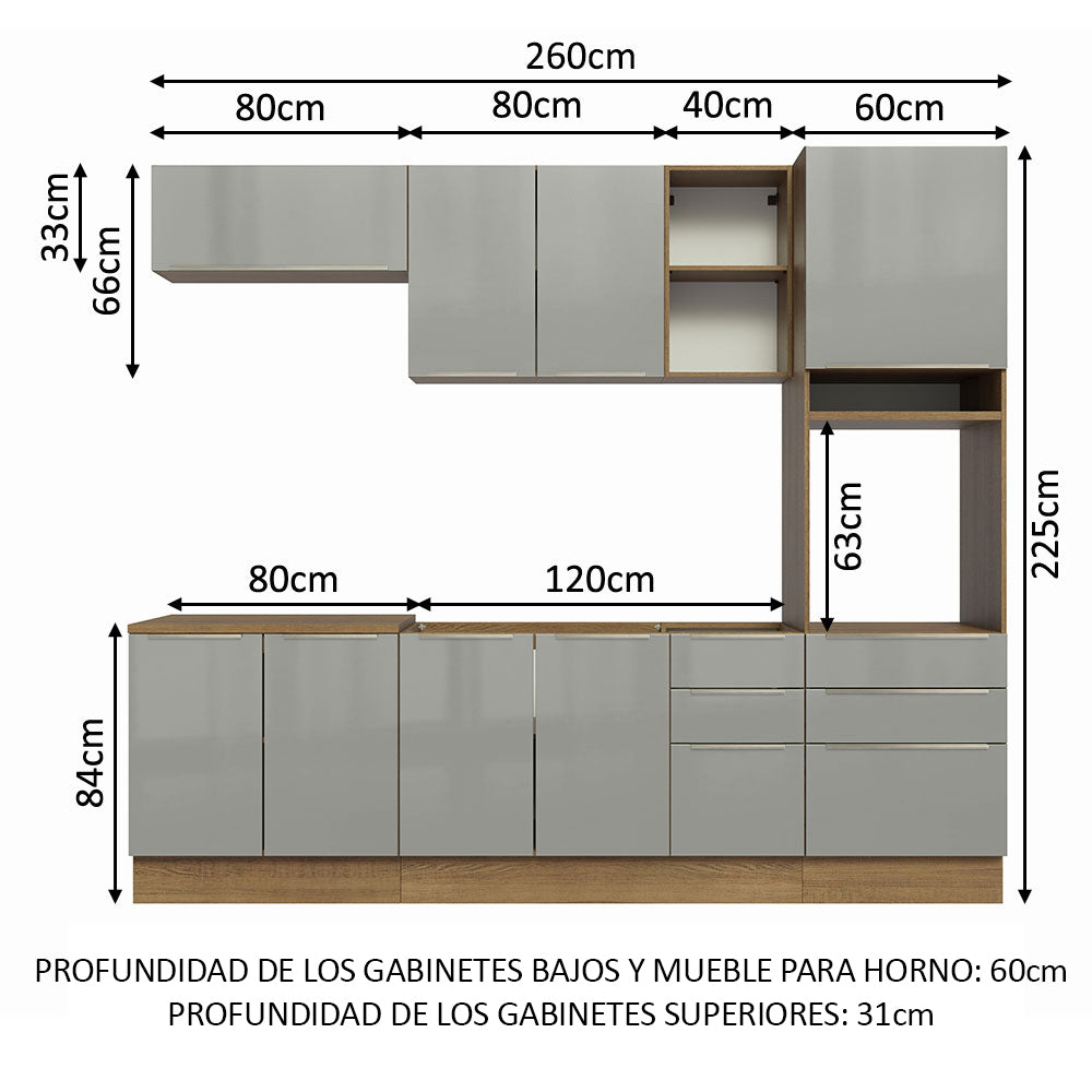 Combo completo de Cocina 260cm Marrón/Gris Lux Madesa 08