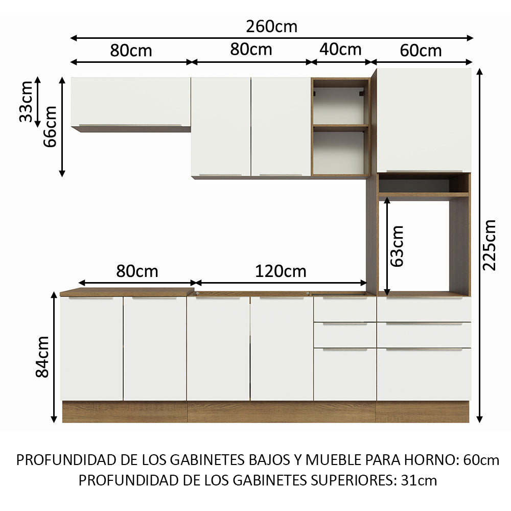 Combo Completo de Cocina 260 x 60 cm Marrón/Blanco Aterciopelado Lux Madesa 08