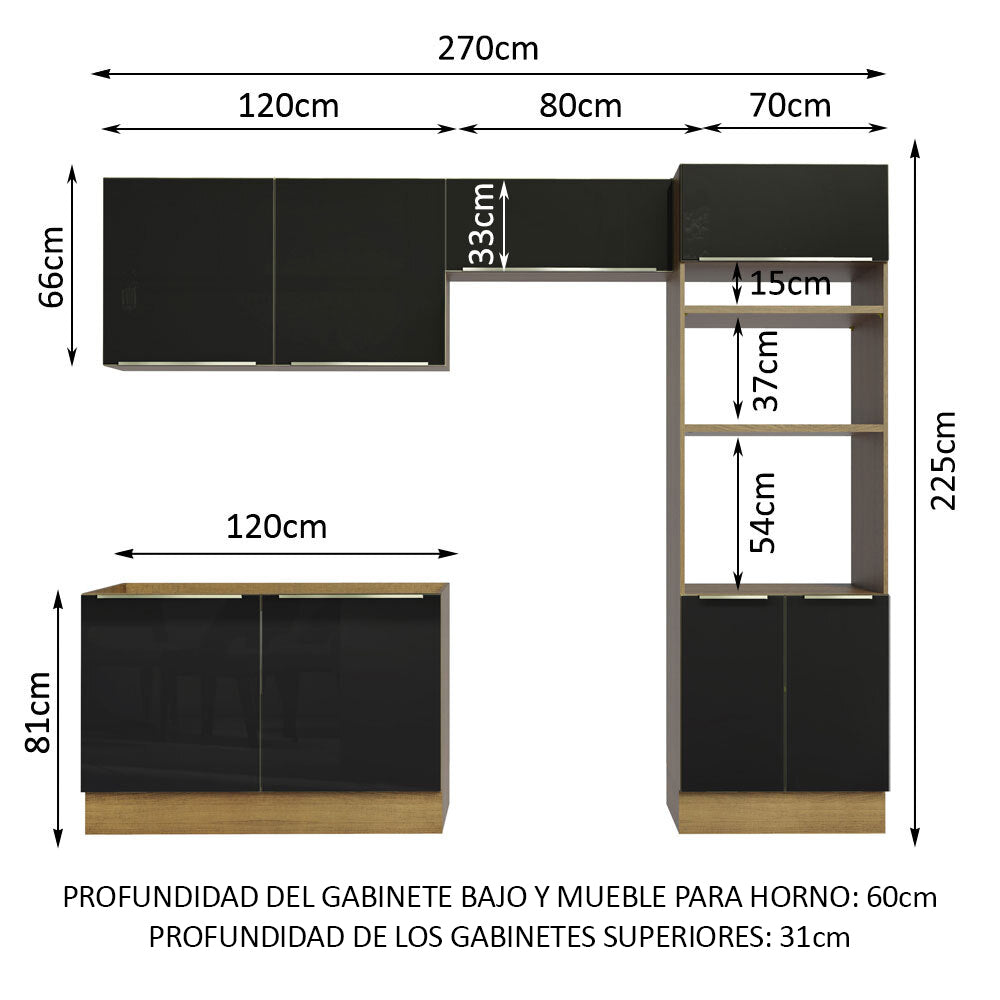 Combo completo de Cocina 270cm Marrón/Negro Lux Madesa 01