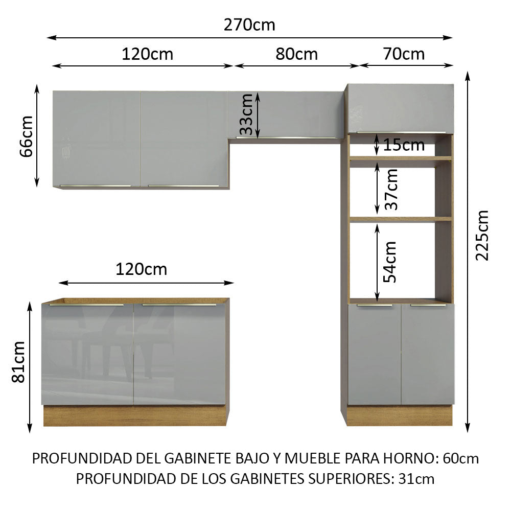 Combo completo de Cocina 270cm Marrón/Gris Lux Madesa 01