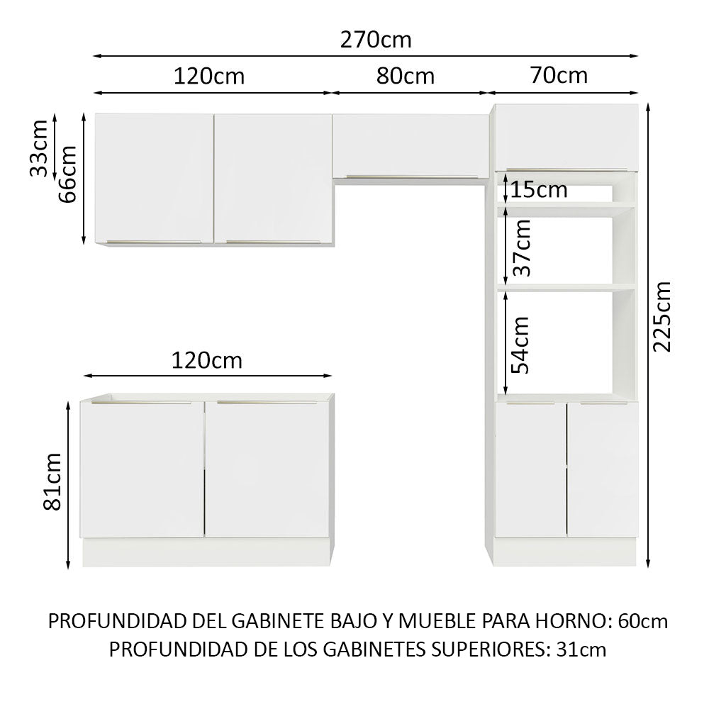 Combo Completo de Cocina 270 x 60 cm Blanco/Blanco Aterciopelado Lux Madesa 01