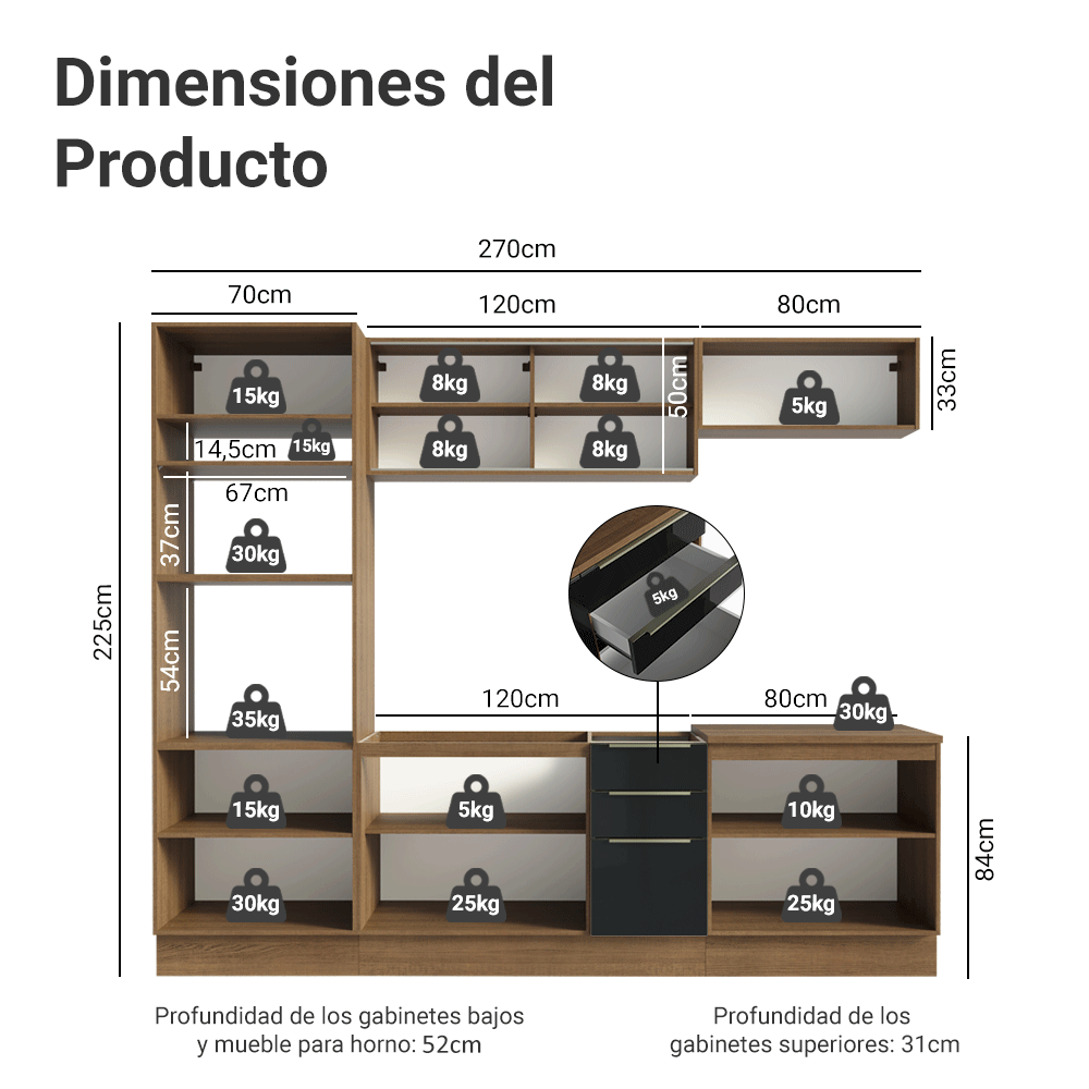 Combo completo de Cocina 270 cm Marrón/Negro Lux Madesa 05