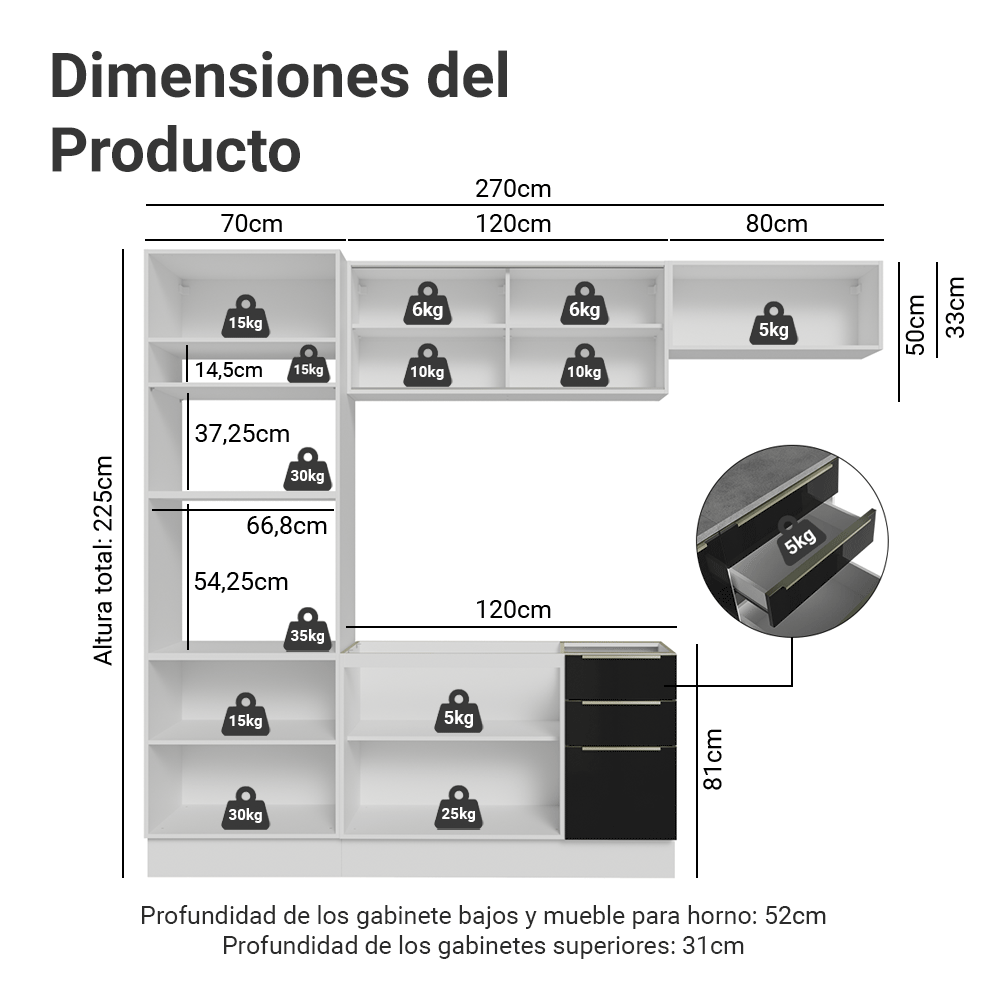 Combo completo de Cocina 270 cm Blanco/Negro Lux Madesa 07