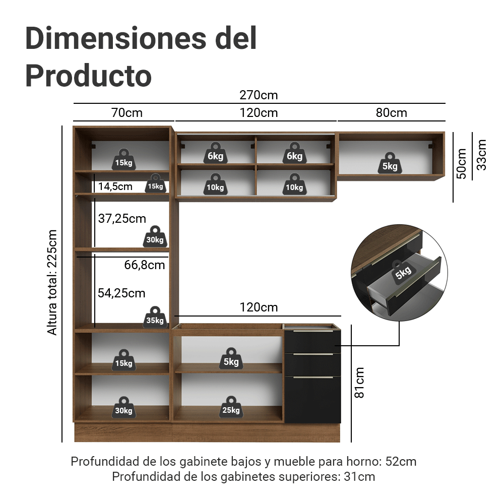Combo completo de Cocina 270 cm Marrón/Negro Lux Madesa 07