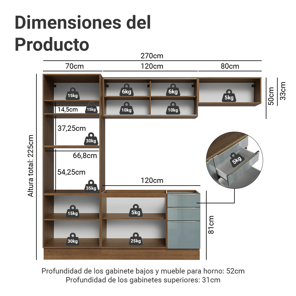 Combo completo de Cocina 270 cm Marrón/Gris Lux Madesa 07