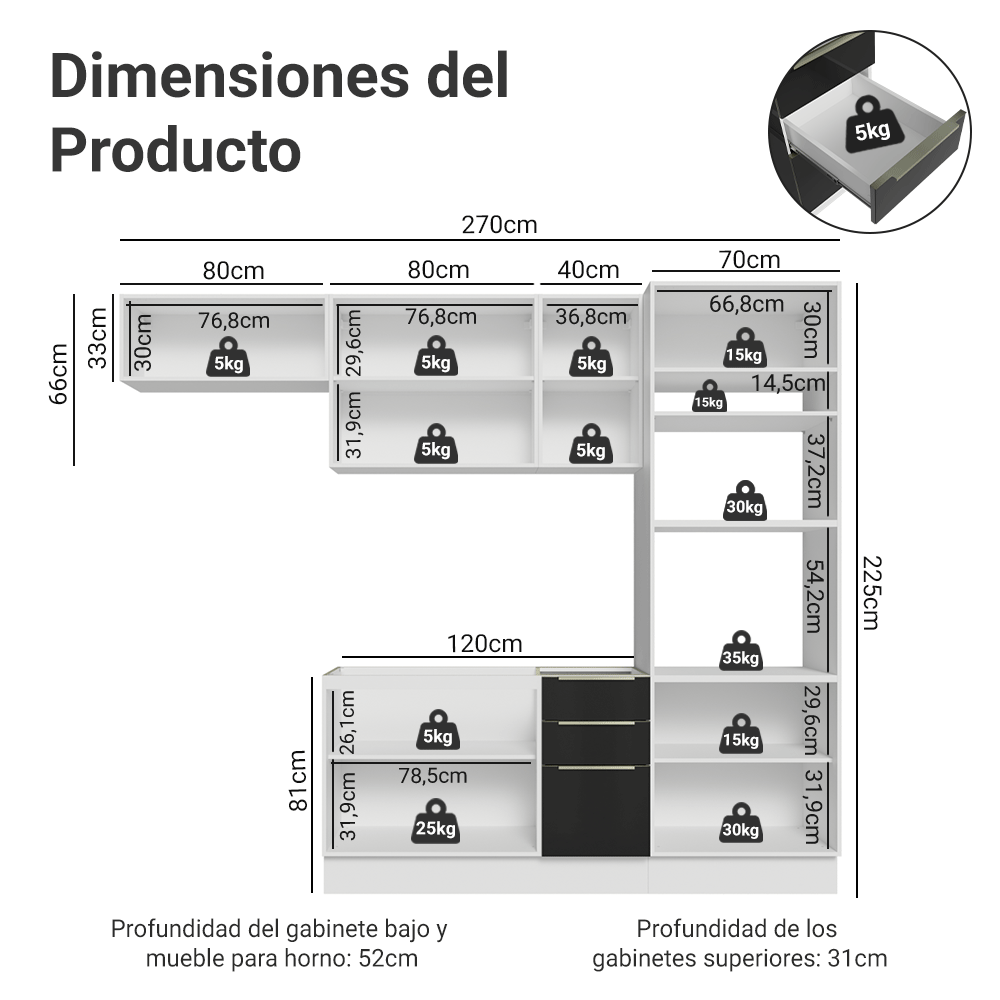 Combo completo de Cocina 270 cm Blanco/Negro Lux Madesa
