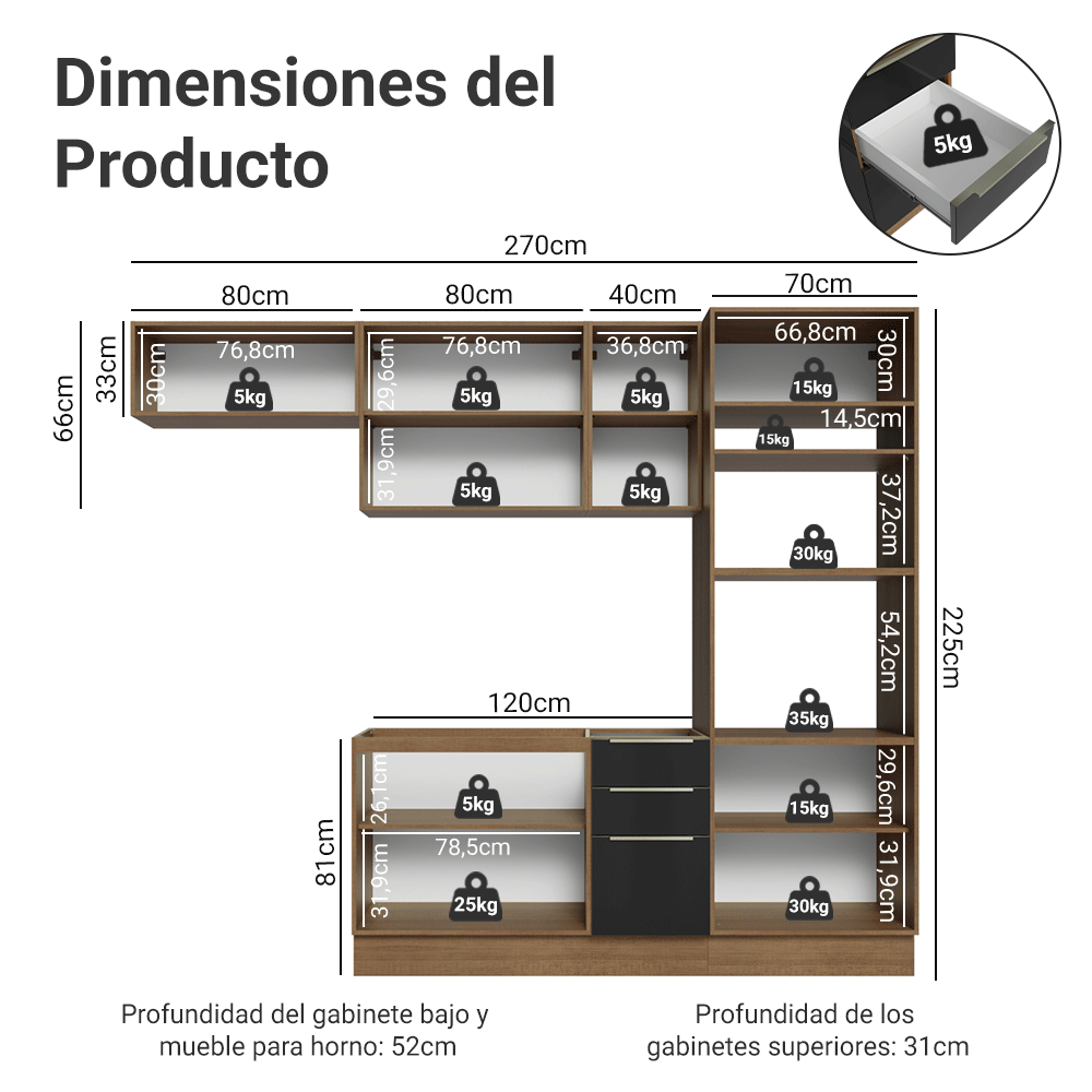 Combo completo de Cocina 270 cm Marrón/Negro Lux Madesa