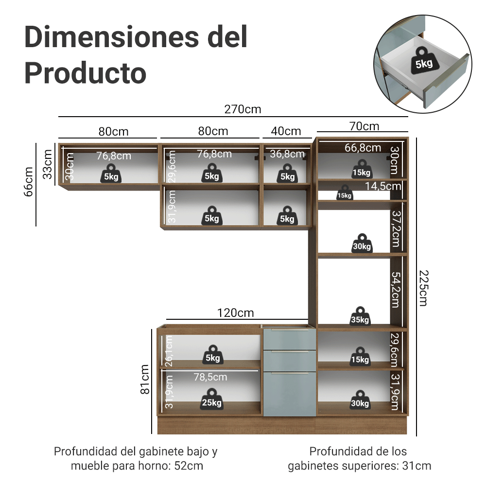 Combo completo de Cocina 270 cm Marrón/Gris Lux Madesa