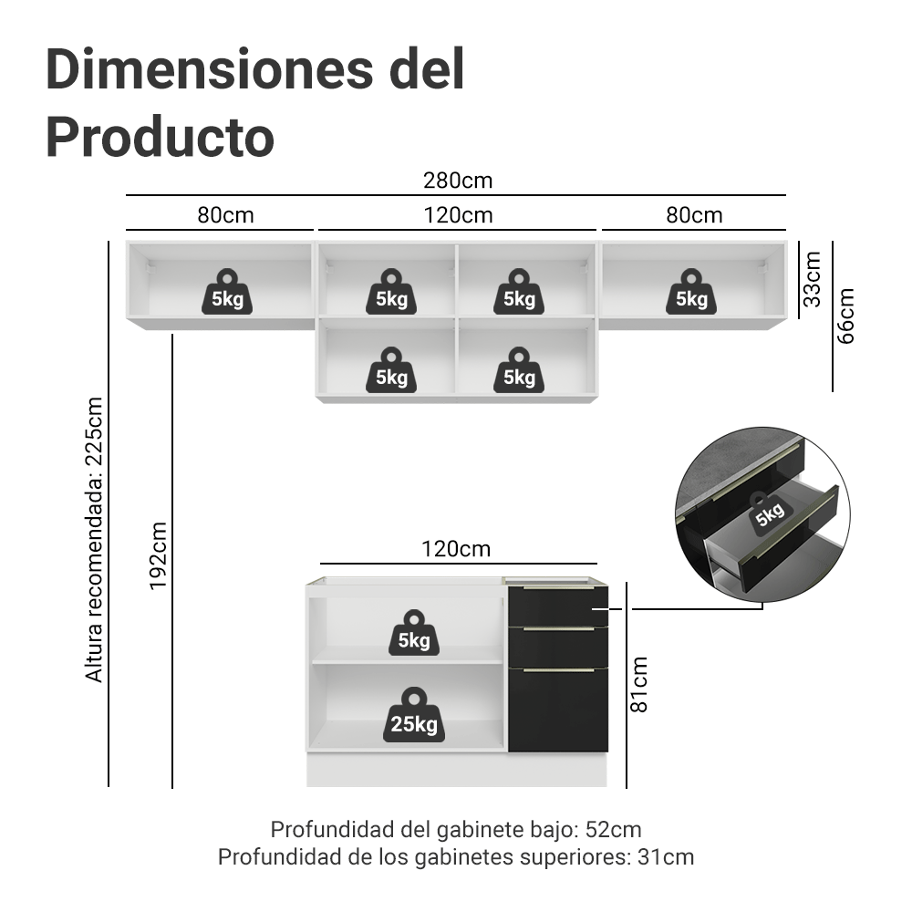 Combo Completo de Cocina 280 cm Blanco/Negro Lux Madesa 01