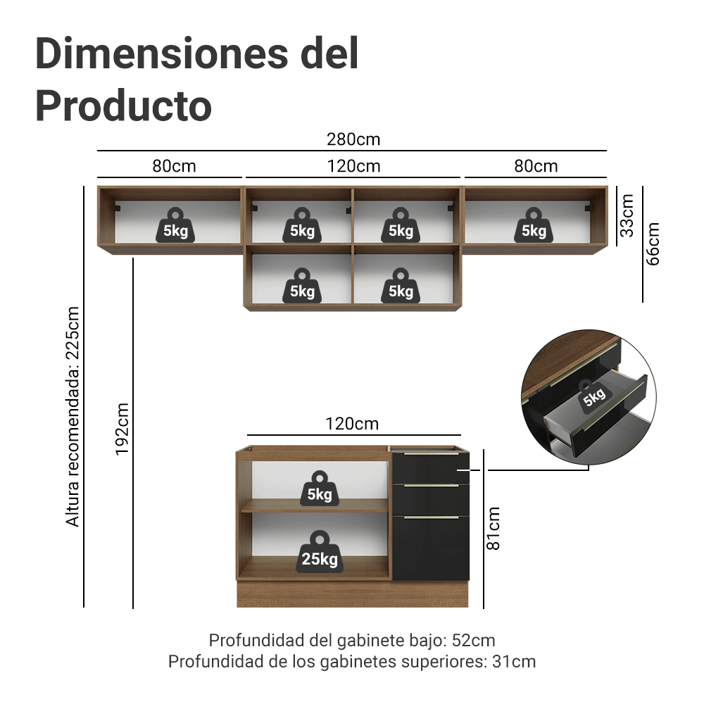 Combo Completo de Cocina 280 cm Marrón/Negro Lux Madesa 01