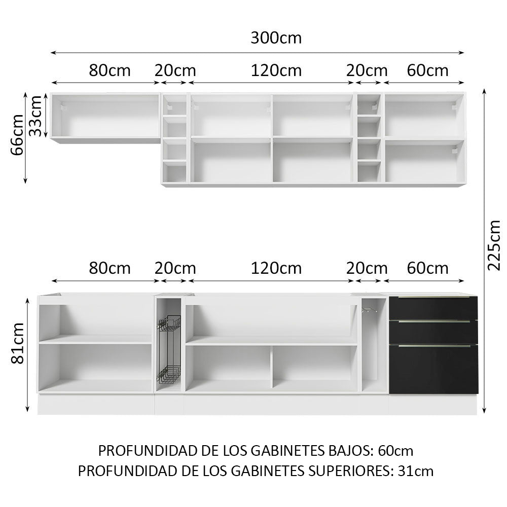 Combo completo de Cocina 300cm Blanco/Negro Lux da Sabrina Madesa
