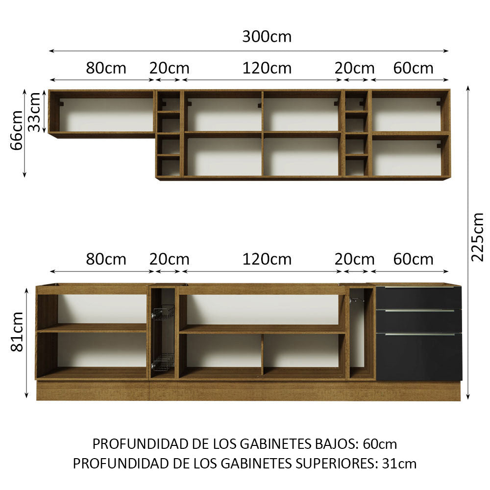 Combo completo de Cocina 300cm Marrón/Negro Lux da Sabrina Madesa