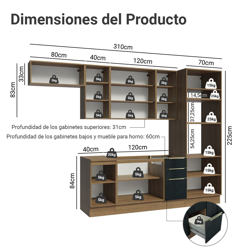 Combo completo de Cocina 310 x 60 cm Marrón/Negro Lux Madesa 01