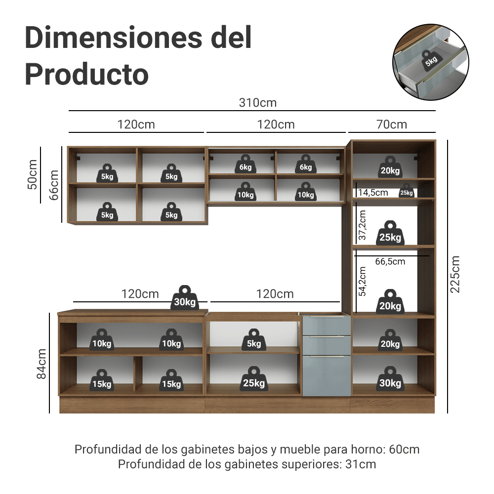 Combo completo de Cocina 310 x 60 cm Marrón/Gris Lux Madesa 04