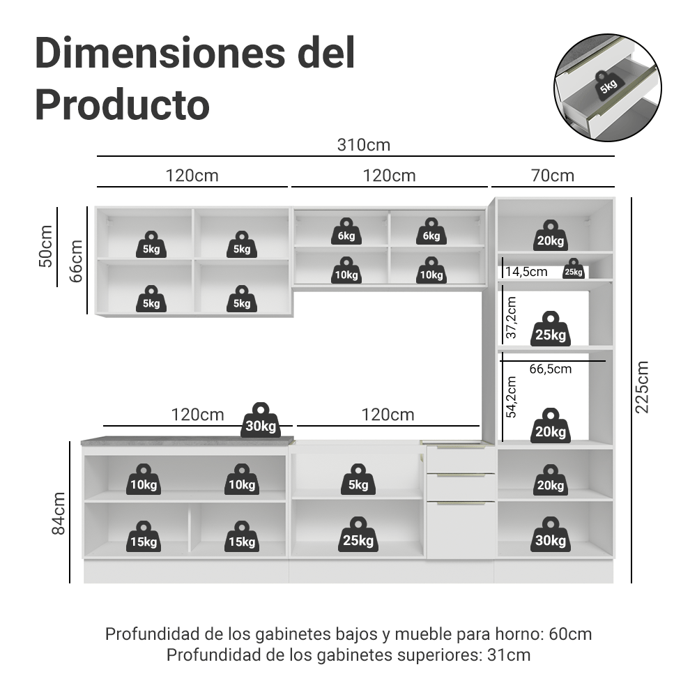 Combo completo de Cocina 310 x 60 cm Blanco/Blanco Aterciopelado Lux Madesa 04