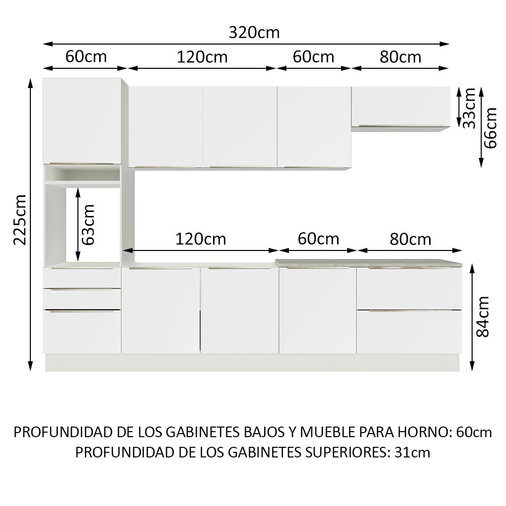 Combo Completo de Cocina 320 x 60 cm Blanco/Blanco Aterciopelado Lux Madesa 04