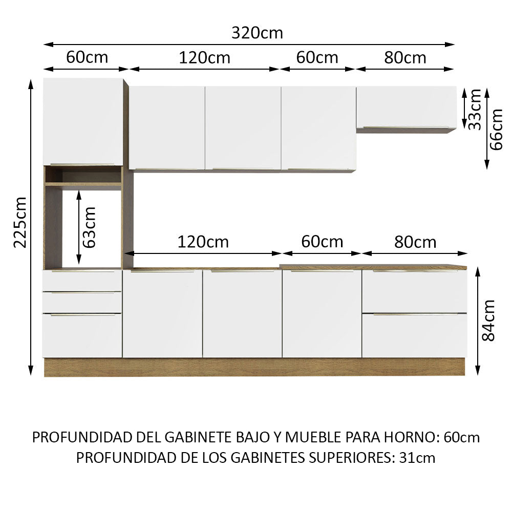Combo Completo de Cocina 320 x 60 cm Marrón/Blanco Aterciopelado Lux Madesa 04