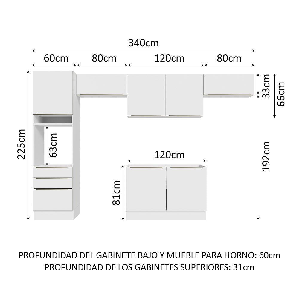 Combo Completo de Cocina 340 x 60 cm Blanco/Blanco Aterciopelado Lux Madesa 01